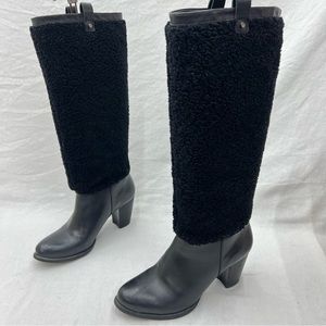 UGG AVA BLACK  EXPOSED FUR HIGH HEEL LEATHER BOOTS